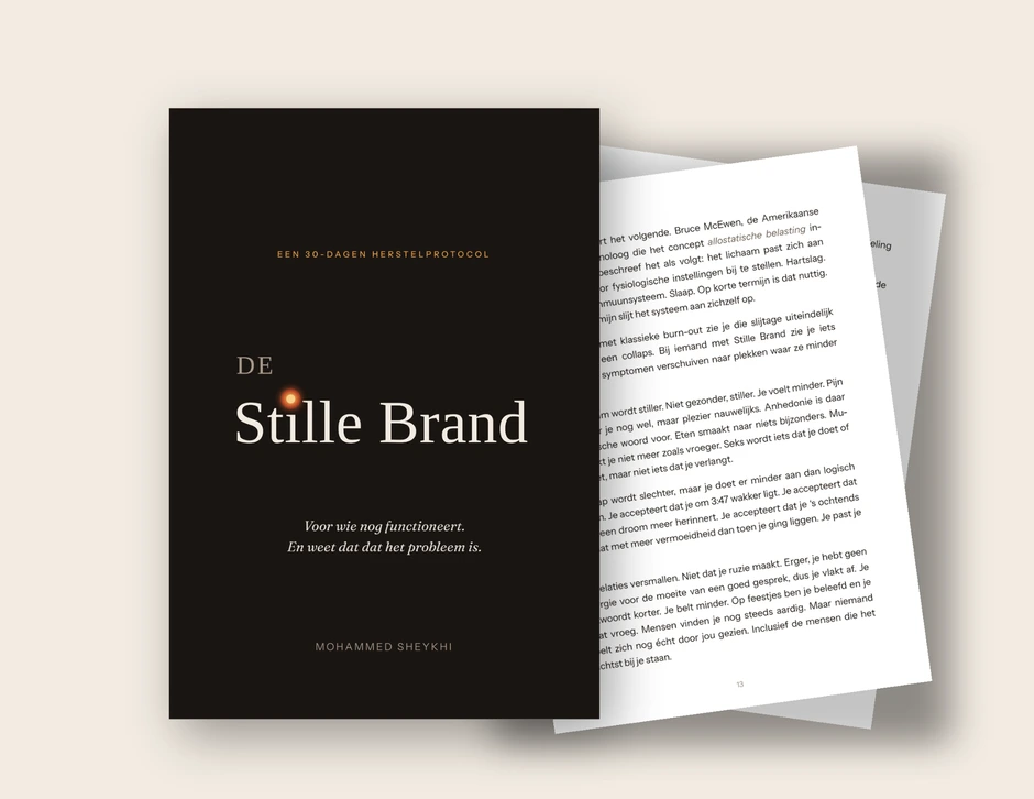 De Stille Brand, boekmockup met cover en binnenpagina's